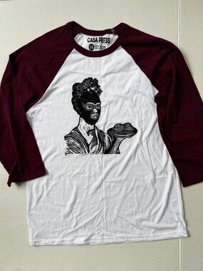 Baseball Shirt Woodblock Print Frida Kahlo Luchador White & Maroon Unisex Large